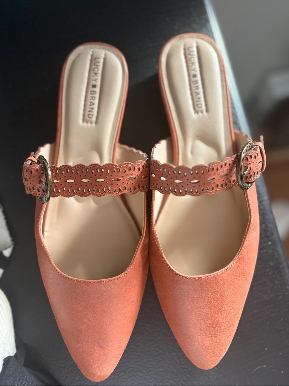 Lucky Brand Coral Scalloped Buckle Mules